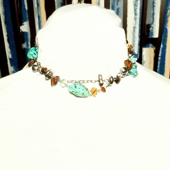 Vintage Boho Bohemian 2 Strand Silver and Turquoise Necklace, 21.5" Long - Picture 1 of 3